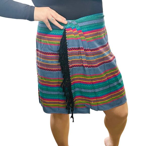 Vintage Dresses & Skirts - 90s Vintage Boho Mini Skirt Aztec Striped Fringe Pleated Cotton Colorful Large